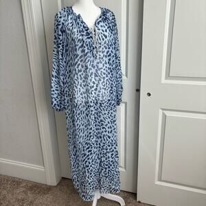 Animal Print Sheer Blue Beach Swim Cover Up O / S Balloon Sleeves